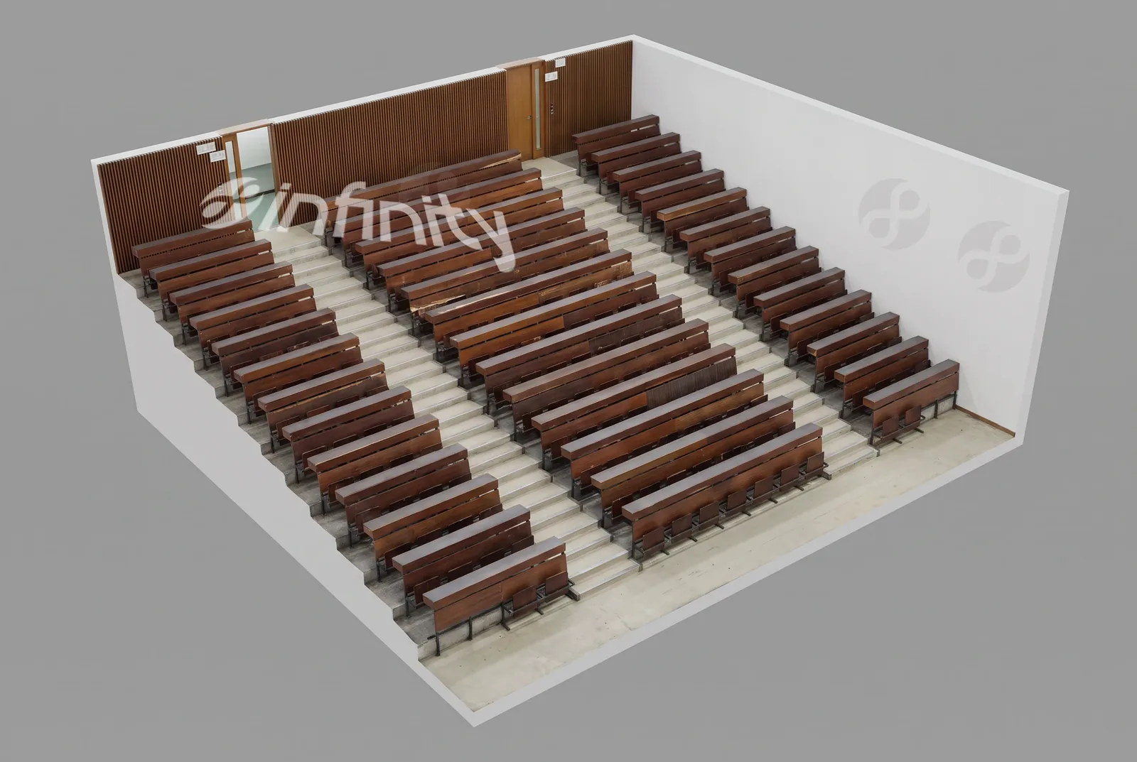 قاعة 1001 من فوق والسقف مرفوع — تصوّر ثلاثيّ الأبعاد مبنيّ على صور القاعة.