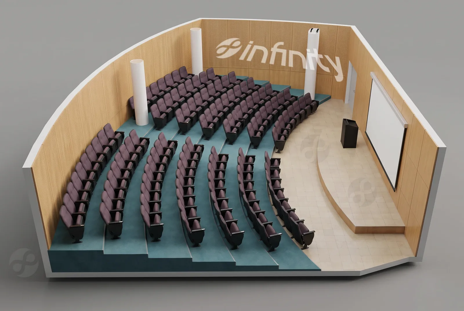 قاعة auditorium من فوق والسقف مرفوع — تصوّر ثلاثيّ الأبعاد مبنيّ على صور القاعة.